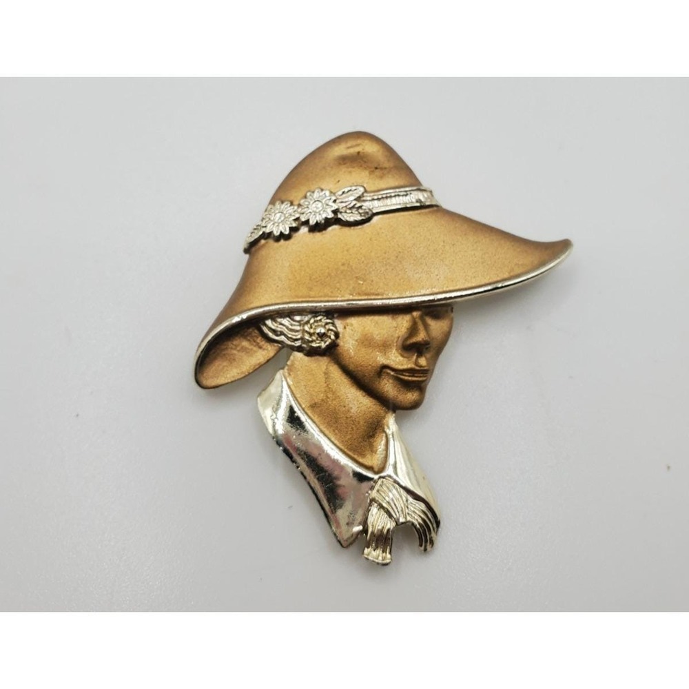 Lady With BIg Hat Gold Tone Pin Brooch